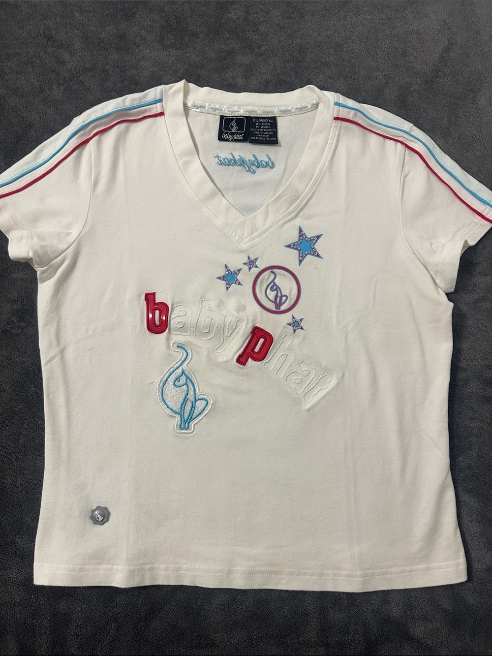 Baby Phat White Tee with Blue & Pink Logo Details Y2K XL Junior size